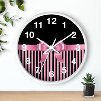 Wall Clock-Glam Pink Bow-Pink Black Pinstripes-Black