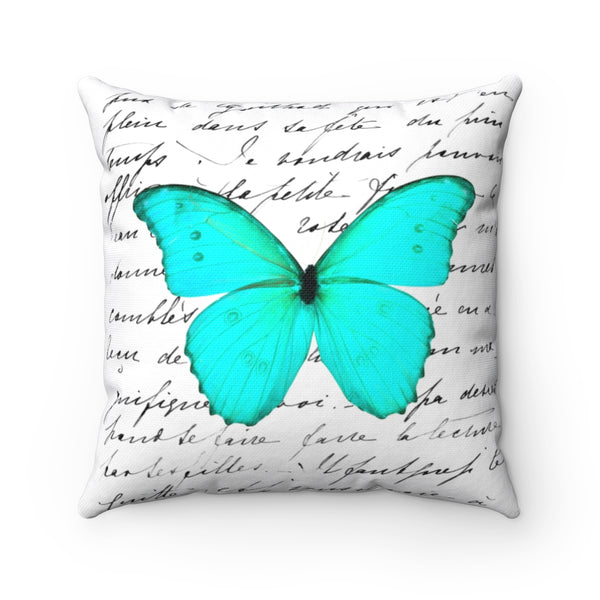 Square Pillow-Aqua Butterfly-Illegible Cursive