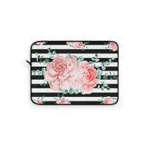 Laptop Sleeve-Lush Pink Floral-Black Horizontal Stripes-White