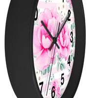 Wall Clock-Magenta Pink Floral-Pink Horizontal Stripes-White
