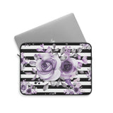 Laptop Sleeve-Soft Purple Floral-Black Horizontal Stripes-White