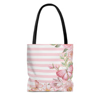 Tote Bag-Pink Floral Butterflies-Pink Horizontal Stripes