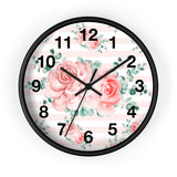 Wall Clock-Lush Pink Floral-Pink Horizontal Stripes-White