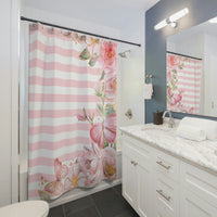 Shower Curtains-Pink Floral Butterflies-Pink Horizontal Stripes