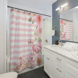 Shower Curtains-Pink Floral Butterflies-Pink Horizontal Stripes