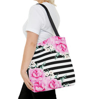 Tote Bag-Magenta Pink-Floral Bash-Black Horizontal Stripes-White