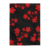 Velveteen Plush Blanket-Red Floral Blossoms-Black