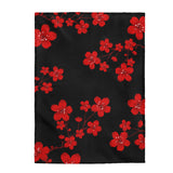 Velveteen Plush Blanket-Red Floral Blossoms-Black