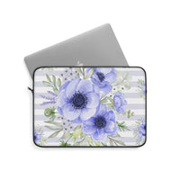 Laptop Sleeve-Soft Blue Floral-Soft Blue Horizontal Stripes-White