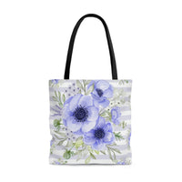 Tote Bag-Soft Blue Floral-Soft Blue Horizontal Stripes-White