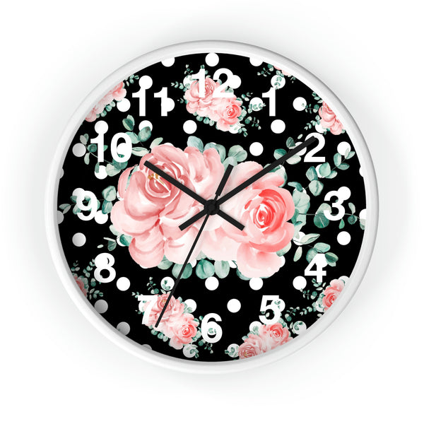Wall Clock-Lush Pink Floral-White Polka Dots-Black