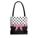 Tote Bag-Glam Pink Bow-Black Polka Dots-Black Glitter