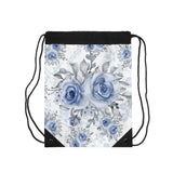 Drawstring Bag-Stormy Blue-Floral Stencil-White