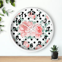 Wall Clock-Lush Pink Floral-Black Polka Dots-White