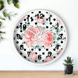 Wall Clock-Lush Pink Floral-Black Polka Dots-White