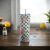 Skinny Tumbler, 20oz-Lush Pink Floral-Black Polka Dots-White