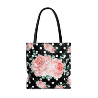 Tote Bag-Lush Pink Floral-White Polka Dots-Black