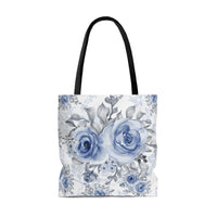 Tote Bag-Stormy Blue-Floral Stencil-White