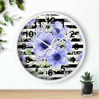 Wall Clock-Soft Blue Floral-Black Horizontal Stripes-White