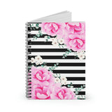 Small Spiral Notebook, 6x8in-Magenta Pink-Floral Bash-Black Horizontal Stripes-White