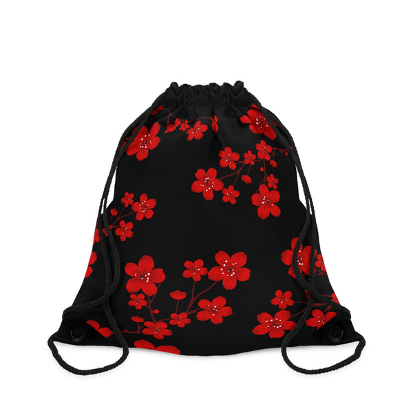 Drawstring Bag-Red Floral Blossoms-Black