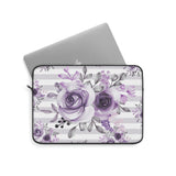 Laptop Sleeve-Soft Purple Floral-Soft Purple Horizontal Stripes-White