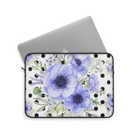 Laptop Sleeve-Soft Blue Floral-Black Polka Dots-White