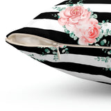 Square Pillow-Lush Pink Floral-Black Horizontal Stripes-White