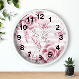 Wall Clock-Soft Pink Floral Mauve-Horizontal Stripes-White