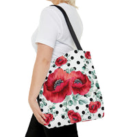 Tote Bag-Rouge Red Floral-Black Polka Dots-White