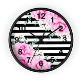 Wall Clock-Magenta Pink-Floral Bash-Black Horizontal Stripes-White