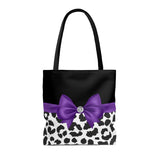 Tote Bag-Glam Purple Bow-Snow Leopard-Black