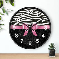 Wall Clock-Glam Pink Bow-Zebra-Black Glitter