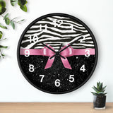 Wall Clock-Glam Pink Bow-Zebra-Black Glitter