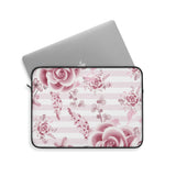 Laptop Sleeve-Soft Pink Floral Mauve-Horizontal Stripes-White