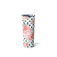 Skinny Tumbler, 20oz-Lush Pink Floral-Black Polka Dots-White