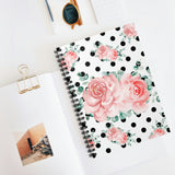 Small Spiral Notebook, 6x8in-Lush Pink Floral-Black Polka Dots-White