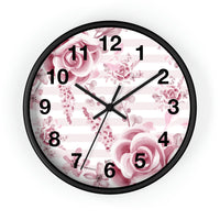 Wall Clock-Soft Pink Floral Mauve-Horizontal Stripes-White