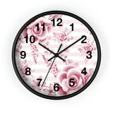 Wall Clock-Soft Pink Floral Mauve-Horizontal Stripes-White