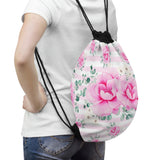 Drawstring Bag-Magenta Pink Floral-Pink Horizontal Stripes-White