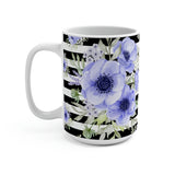 Coffee Mug 15oz-Soft Blue Floral-Black Horizontal Stripes-White