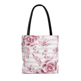 Tote Bag-Soft Pink Floral Mauve-Horizontal Stripes-White