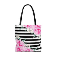 Tote Bag-Magenta Pink-Floral Bash-Black Horizontal Stripes-White