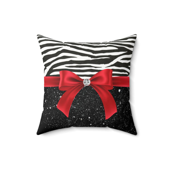 Square Pillow-Glam Red Bow-Zebra-Black Glitter