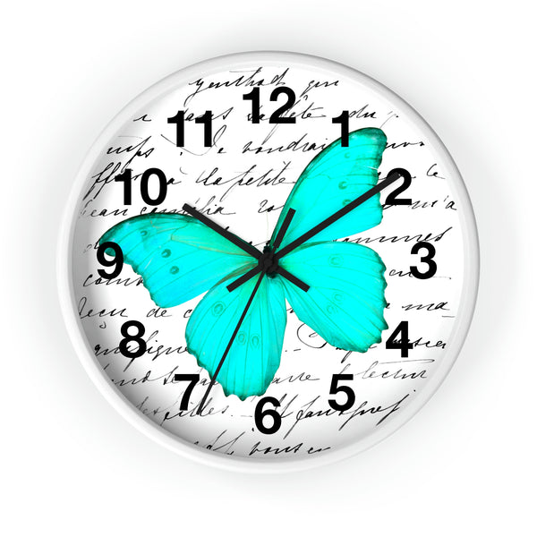Wall Clock-Aqua Butterfly-Illegible Cursive-10"x10"in