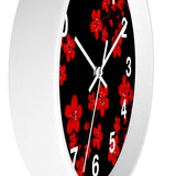 Wall Clock-Red Floral Blossoms-Black