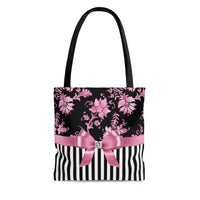 Tote Bag-Glam Pink Bow-Pink Stencil-Black White Pinstripes