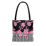 Tote Bag-Glam Pink Bow-Pink Stencil-Black White Pinstripes