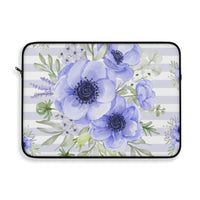 Laptop Sleeve-Soft Blue Floral-Soft Blue Horizontal Stripes-White