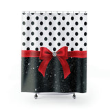 Shower Curtains-Glam Red Bow-Black Polka Dots-Black Glitter